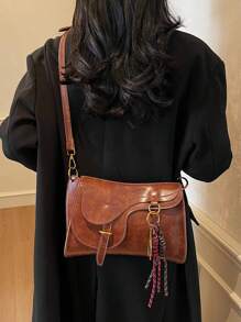 1pc Women Solid Color Retro PU Shoulder Crossbody Bag, Fashion Classic Female Handbag With Removable Keychain Pendant, Fits Phone & Wallet - 棕色 - 查看 2