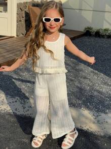 2pcs Young Girl Minimalist Elegant Style Solid Color Fringe Lace Camisole Top & Lace Pants Set, Summer - Beige - View 5
