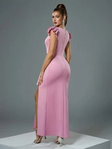 Fuaheng Vestido cruzado con manga de volantes y abertura, vestido elegante de fiesta, vestido de invitada de boda, vestido de graduación - Rosa - Ver 3
