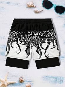 Men's Octopus Print Beach Shorts, Fashionable & Sporty Double Layer Shorts For Outdoor Wear, Spring/Summer,Hawaiian