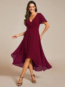 EVERPRETTY Elegant Ruffle Hem Contrast Color High-Low A-Line Midi Chiffon Burgundy Bridesmaid Dress, Wedding Guest Dress, Wedding Vacation Dress, Mother Of The Bride Dress Spring - Burgundy - View 5