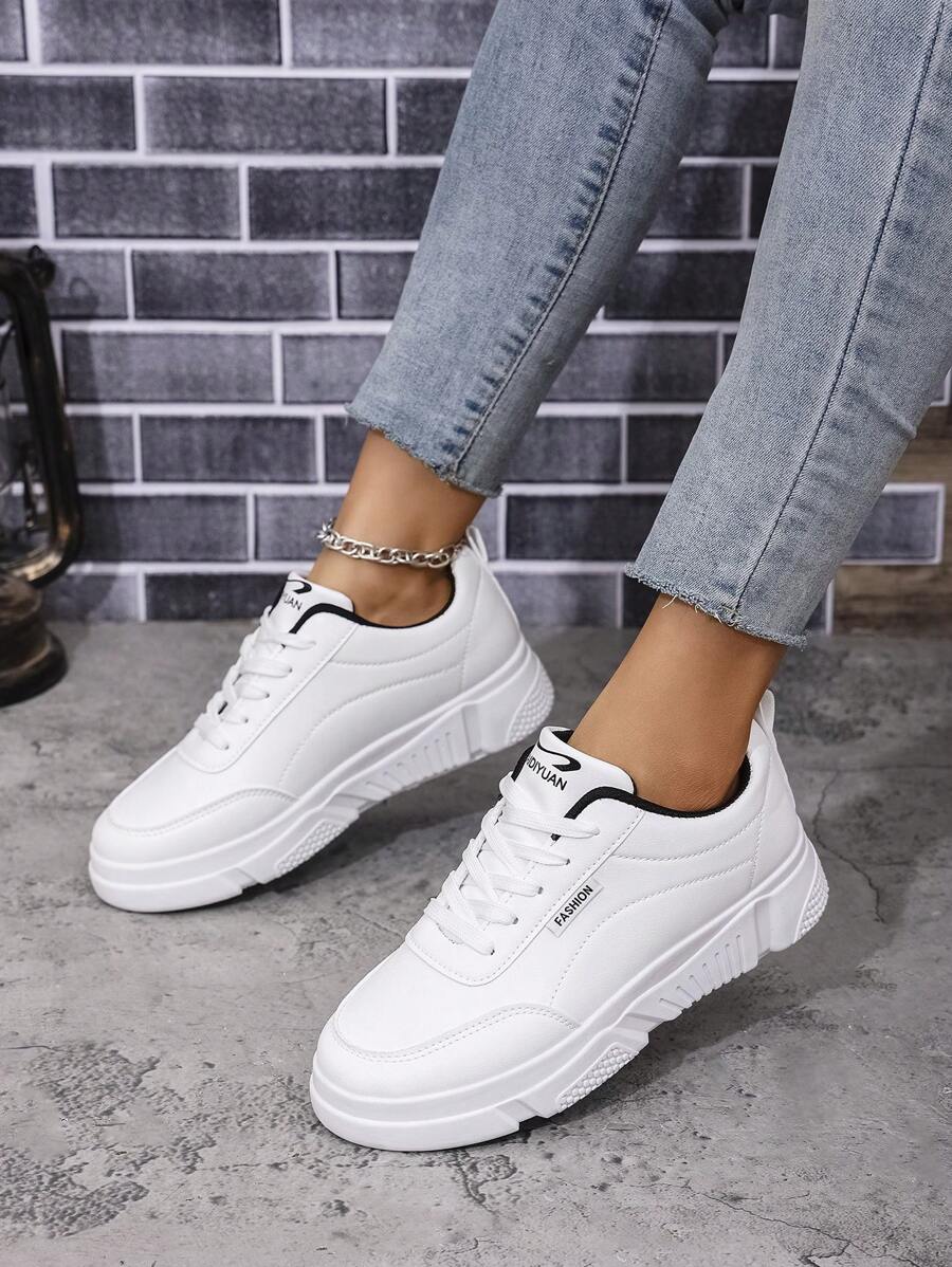 女士白色运动鞋，厚底休闲运动鞋，时尚厚底，防滑，皮革鞋面，学生鞋 - 白色 - 查看 1