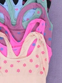 Set Of 4 Cute Microfiber Tops For Little Girls, Cute Flower Design, Multicolor, Comfortable And Fresh.