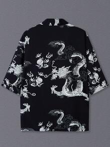 Men Street Fashion Japanese Style Feather Print Kimono , 3/4 Sleeve Unisex Couple Loose Fit Thin Casual Shirt Jacket, Summer