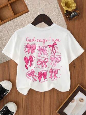 Tween Girl's Cartoon Bow Print Round Neck Short Sleeve Tee Spring And Summer Casual T Shirt For Tween Girl