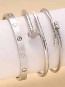 3pcs Silver Glitter Clover Zirconia Encrusted Bangle Bracelet Set, Suitable For Women's Daily Wear