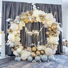 116 个白色和金色气球拱门花环套件，象牙白、沙白色配金属镀铬香槟金乳胶气球，适用于波西米亚风、婚礼、新娘送礼会、订婚、周年纪念、生日装饰背景 - 彩色 - 查看 2