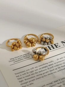 Uworld 1 pieza de un anillo de acero inoxidable con baño de oro de 18K de diseño a juego en color dorado y plateado, con esfera metálica de moda y personalizado, adecuado para fiestas, vacaciones, festivales, ir al trabajo, etc. - diseño de bola de metal - Ver 10