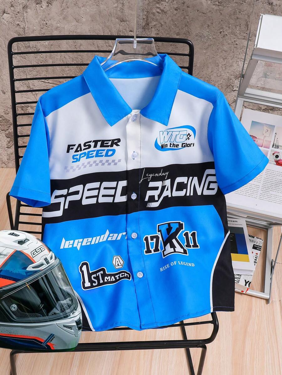 1pc Boys' Sporty Printed Collar Shirt With Racing Car Elements, Outdoor Leisure, Spring/Summer