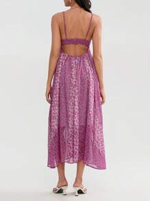 Cute Floral Long Sundresses For Women Boho Smocked Spaghetti Strap Dress Y2k Flowy Beach Ruffle Backless Maxi Dress - 玫紅色 - 查看 7