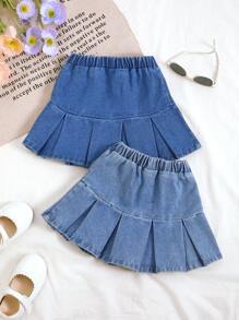 2 件套女孩甜美休闲百褶裙裙子，夏季 - 藍色 - 查看 2