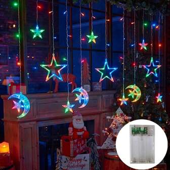 3.5m 12 Hanging Stars & Moon String Lights, Ice Stick LED Lights, Battery Powered (Batteries Not Included), On/Off & Flashing, Festival Decoration Lights For Wedding, Christmas Party, Holiday