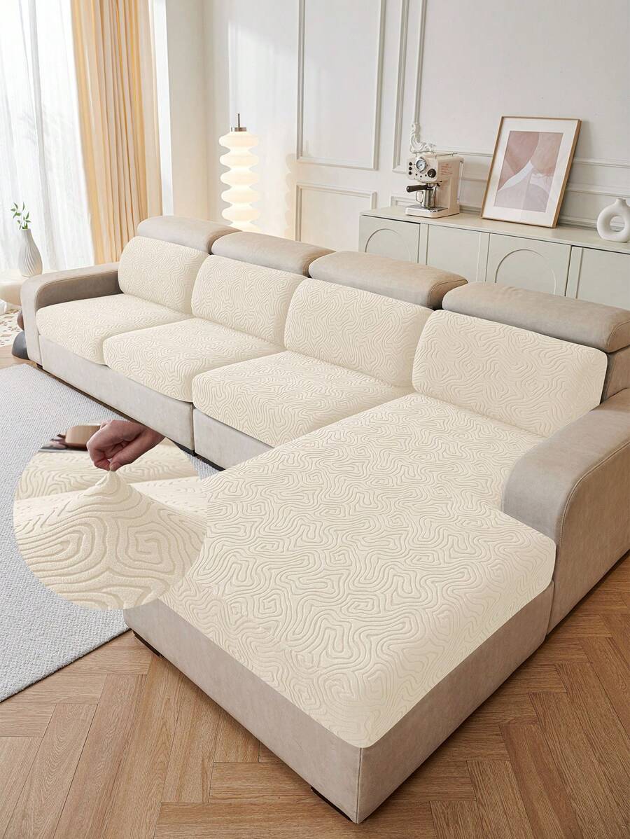 1pc Jacquard Knitted Twill Sofa Cushion Cover, Polyester Spandex Solid Color Minimalist Design, Removable & Machine Washable - Beige - View 1