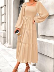 Women Spring Maxi Dress Casual Square Neck Puff Long Sleeve Smock High Waist Tiered Elastic Flowy Dress Fall Autumn Vacation Beach Wedding Guest Midi Dresses With Pocket