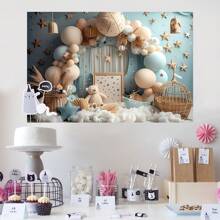 1 pezzo Arco di palloncini, cesta di bambù a forma di orso, sfondo per torta di compleanno, forniture per tavolo, decorazione per parete di stanza per festa di compleanno, telo di sfondo studio, senza alimentazione, dimensioni 210 x 150 / 150 x 100 / 100 x 75 cm