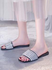 Women's Flat Pearl Slippers, Fashion Square Toe Slip-On Flat Sandals For Summer Beach