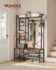 Entryway Coat Rack With Shoe Bench And 5 Storage Shelves, 9 Clothes Hooks And 6 Side Hooks, 40 X 120 X 190 Cm, Rustic Brown And Ink Black HSR426B01 - 復古棕色 + 墨黑色 - 查看 2