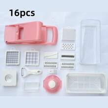 16 件升级版蔬菜切菜机、多功能水果切片机、食物磨碎机、蔬菜切碎机、带容器的刀具套装、带可更换刀片的洋葱切碎机、土豆切菜机、厨房小工具