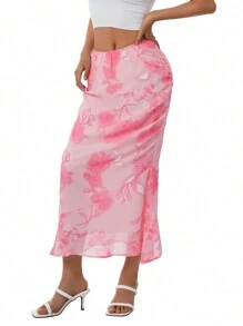 Women Half Dress, Floral Straight Loose Slimming Low Waist Summer Fall Pink Flowing Skirt - Rosa - Ver 7