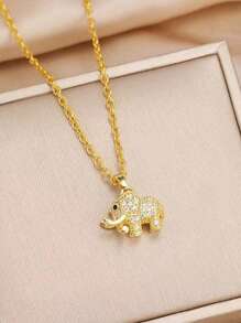 1 件铜镶嵌方晶锆石大象吊坠项链 - 不锈钢 18K 镀金链 - 送给妻子/女士的时尚优雅礼物，无包装盒 - 金色 - 查看 8
