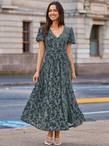 Women's Velvet Maxi Dress V Neck Short Sleeve Empire Waist Semi Formal Long Cocktail Dresses - 灰藍色 - 查看 4