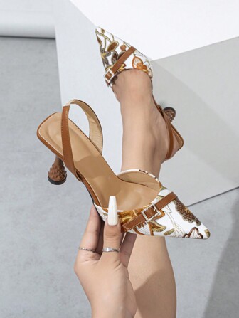 欧美时尚细高跟浅头镂空后跟花纹金属扣舒适通勤高跟女凉鞋