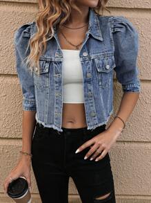 Traced Cotton Mutton Sleeve Denim Jacket - Blue - View 3