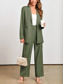 Women's Spring Two-Piece Work Suit Casual Loose Long Suit Jacket And Formal Wide Leg Pant Suit With Pockets - 軍綠色 - 查看 3