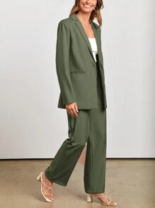 Women's Spring Two-Piece Work Suit Casual Loose Long Suit Jacket And Formal Wide Leg Pant Suit With Pockets - 軍綠色 - 查看 4