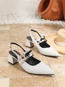 2025 Spring/Summer New Pointy Toe Silver High Heel Shoes, Thick Heel Strap Mary Jane Women Sandals, Open-Toe