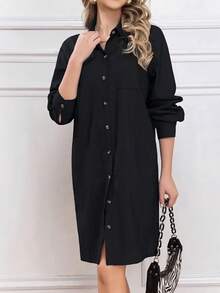 Áo sơ mi dài trơn màu thường ngày dành cho nữ - màu đen - Xem 4