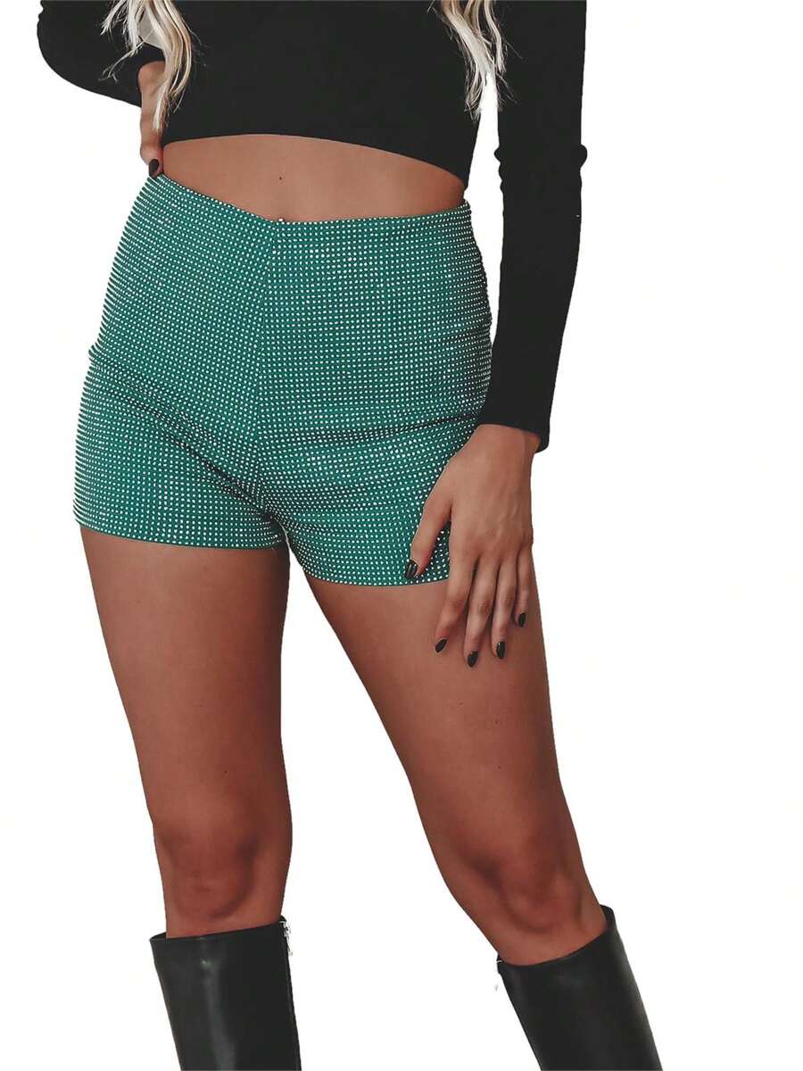 Women Shiny Rhinestone Shorts Sparkly High Waist Summer Short Pants For Beach Nightclub Streetwear