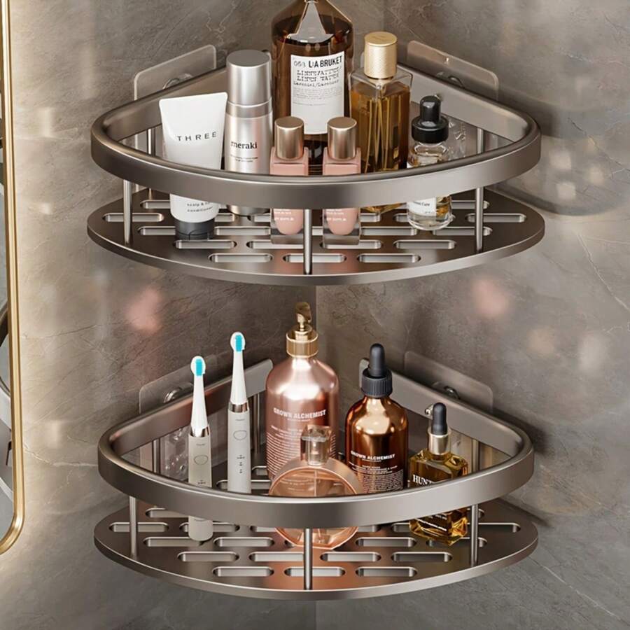 2pcs New Hanging Corner Shower Caddy, Portable Shower Organizer, Bathroom Shower Shelf, Stainless Steel Shower Rack, Bathroom Decor, Triangular Wall Mount Shower Shelf, No Drilling Required - Multicolor - View 1