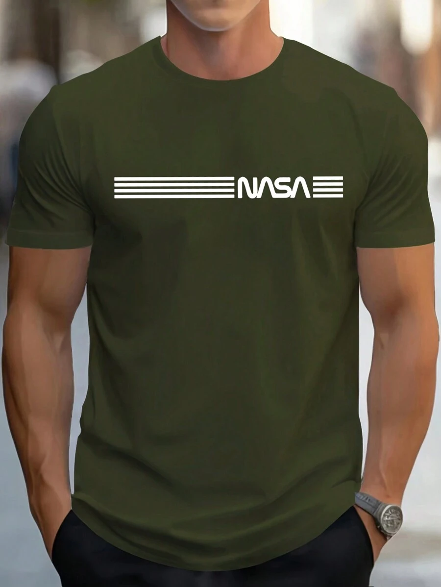 男士夏季字母印花圆领短袖休闲 T 恤 - 軍綠色 - 查看 1