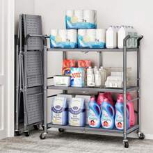 Rolling Utility Cart Folding Cart With Wheels - 3 Tier Collapsible Metal Cart, Large Capacity - 灰色 - 查看 5