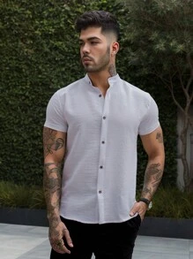 Men's Short Sleeve Dress Shirt With Priest Collar - Fresh Shirt - Comfortable - trắng - Xem 3
