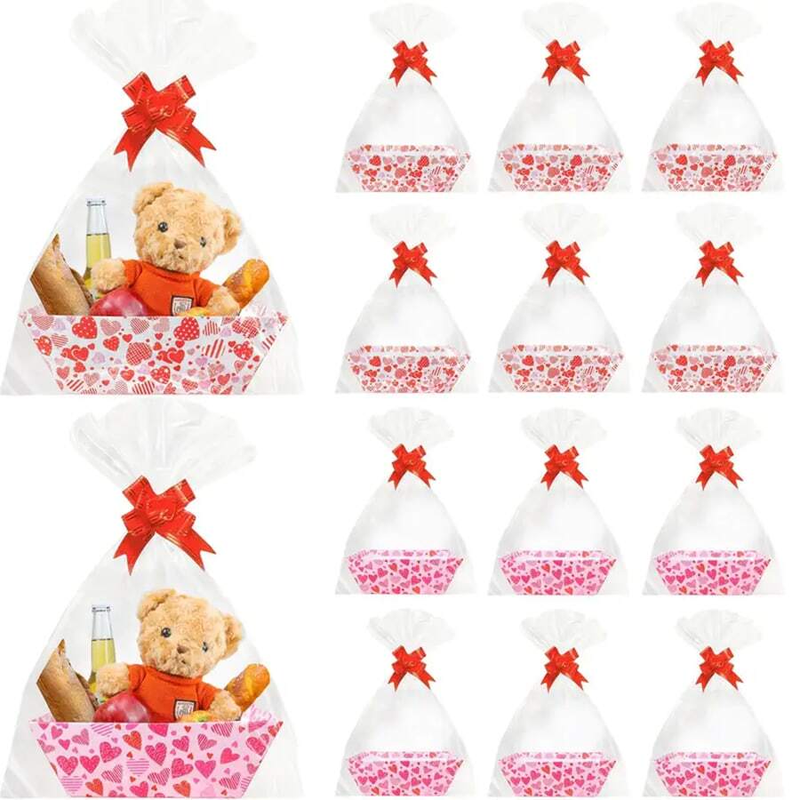 6/12pcs Valentine's Day Gift Basket, Hollow Basket With Bag And Bow, DIY Gift Basket Box Tray With Valentine's Day Decor - Multicolor - View 1