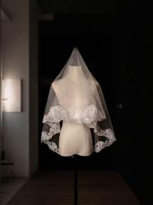 1pc French Vintage Lace Trimming Short Bridal Veil, Romantic & Elegant Wedding Photo Decoration Hair Accessory - White - View 7