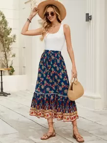 实拍新款欧洲度假风时尚休闲镂空蕾丝拼布 A 字裙，宽松喇叭裙 - 彩色 - 查看 1