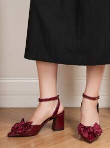 Sandalias de tacón grueso color vino tinto, nuevo diseño de punta puntiaguda y con estilo, adecuadas para usar con vestidos - Burdeos - Ver 5