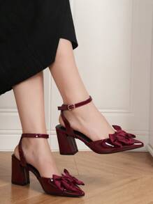 Sandalias de tacón grueso color vino tinto, nuevo diseño de punta puntiaguda y con estilo, adecuadas para usar con vestidos - Burdeos - Ver 2