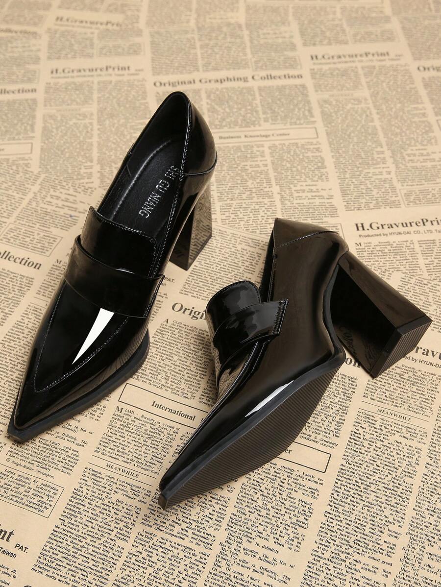 2025 春季新款尖头一脚蹬高跟鞋，优雅简约时尚女鞋，黑色系带布洛克鞋英伦风粗跟高跟鞋 - 黑色 - 查看 1