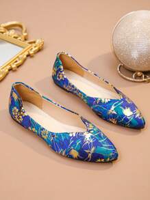 Giày bệt mũi nhọn mới cho nữ mùa xuân/thu, cỡ lớn 35-45, giày lười thoải mái, đi làm hàng ngày, đế mềm, họa tiết ngẫu nhiên - Hoa vàng trên nền xanh hoàng gia - Xem 7