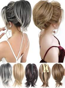 Ponytail Extension 8" Short Claw Ponytail Messy Straihgt Hair Bun Hair Piece Synthetic Wig Extensions Natural Straight Chignon Hairpieces For Women, Halloween - Multicolor - View 2