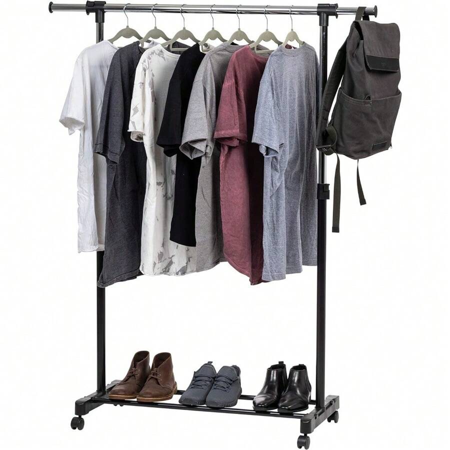 Local Shipping IRIS USA Portable Double-Rod Height Adjustable Clothes Rack With Extendable Bar And Lockable Wheels, Rolling Garment, Double Rod Wardrobe Rack, Easy Assemble, For Clothes, Belts, Shoes, And Bags - 單寬度伸縮桿 - 查看 1