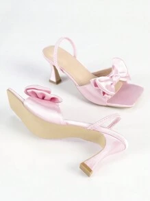 Women's Pink Square Toe Bowknot High Heel Sandals, Everyday Versatile & Party Elegant Stilettos - Pink - View 6