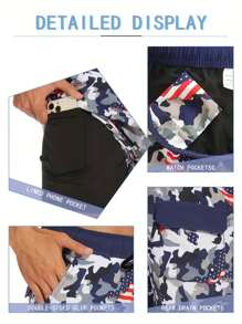 Celana Renang Pria Ringan Bahan Poliester Dua Lapis, Celana Pendek Renang Pria Bernapas dengan Pinggang Elastis, Celana Pendek Olahraga Pria Cepat Kering dengan Lapisan Dalam dan Kantong - Navy Blue - View 6