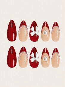 Add A Touch Of Romance With 24Pcs Press On Nails Almond Nails Elegant Faux Pearl Love Bow French Burgundy Red Nail Full Coverage Fake Nail Tips For Women And Girls Includes 1Sheet Adhesive Tabs & 1Pc Mini Office Daily Wear False Nails Jelly Glue Is Randomly Shipped Valentine'S Day Nail Supplies Nails