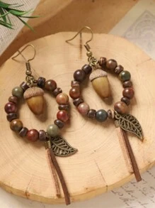 Circular Flower Vintage Woodland Retro Style Earrings, Natural Fruit Wooden Tassel Design For Women - Tassel Acorn - View 2