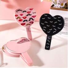 1pc Heart-Shaped Handle Makeup Mirror, Black/Pink Love Handheld Mirror, High Definition Transparent Makeup Mirror With Lash And Lip Print, Portable Makeup Mirror With Handle, Minimalist Design, Essential For Makeup, Travel, Gift For Women And Girls - Multicolor - View 3